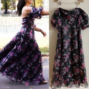 NWOT True Excellence Black Floral Bustier Off-The-Shoulder Maxi Dress